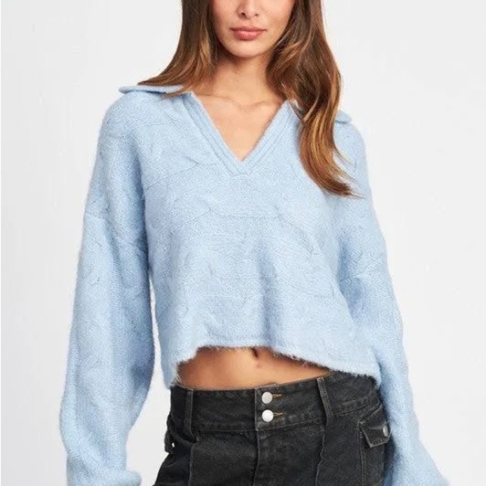 Emory park Women's Light Blue cable knit cropped Sweater in size large!